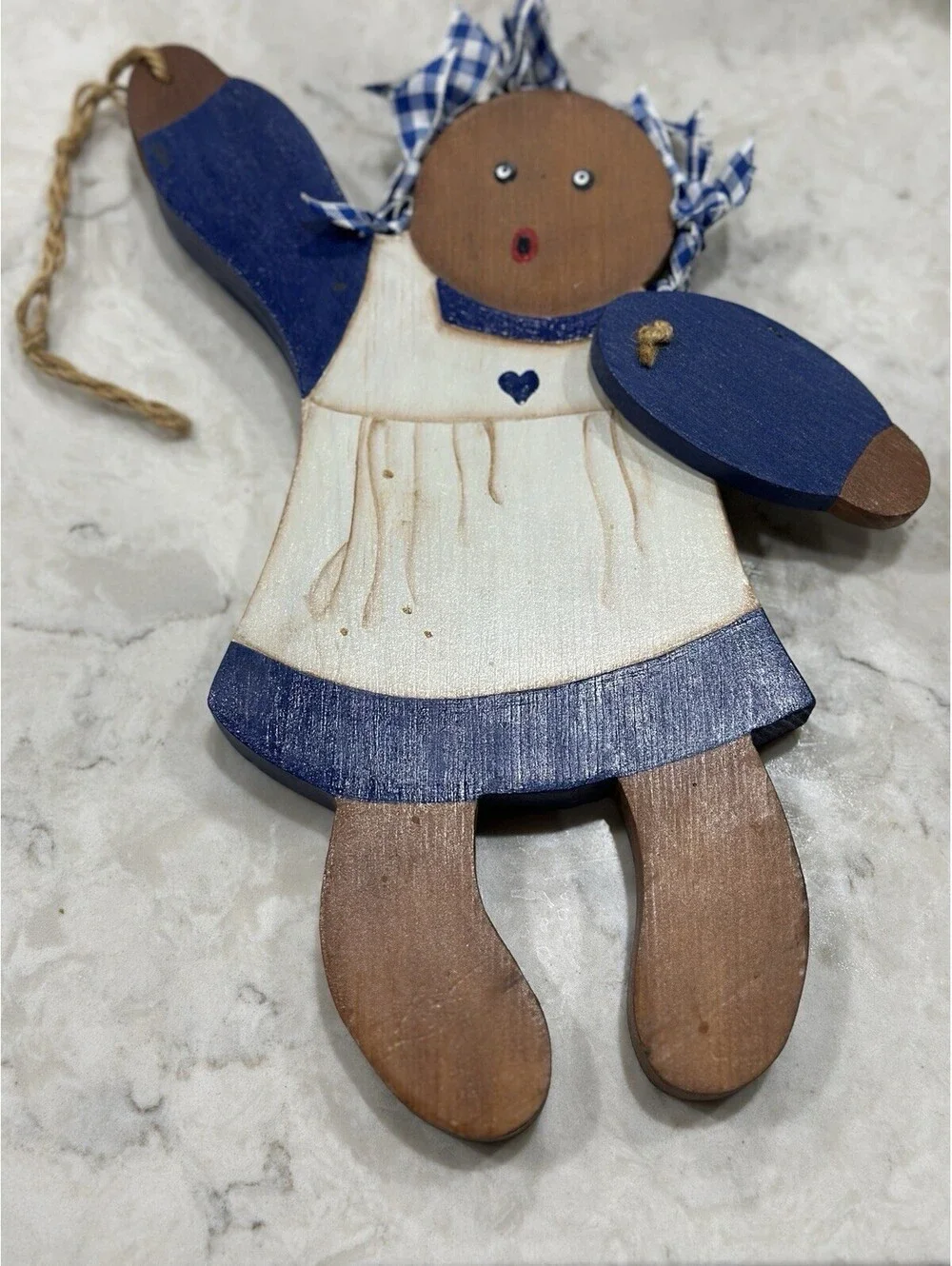 Vintage handcrafted wood Rag doll Wall Hanging Folk Art 10 Inches Tall